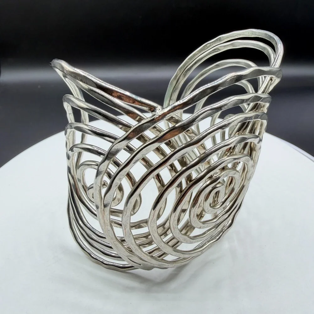 Silver Tone Wide Spiral Cuff Bracelet Hammered Openwork Boho Festival Statement